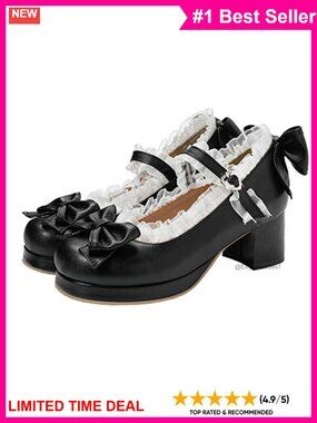 Kawaii Mary Jane Pumps Mid Block Heel Bow Buckle Synthetic Faux Leather